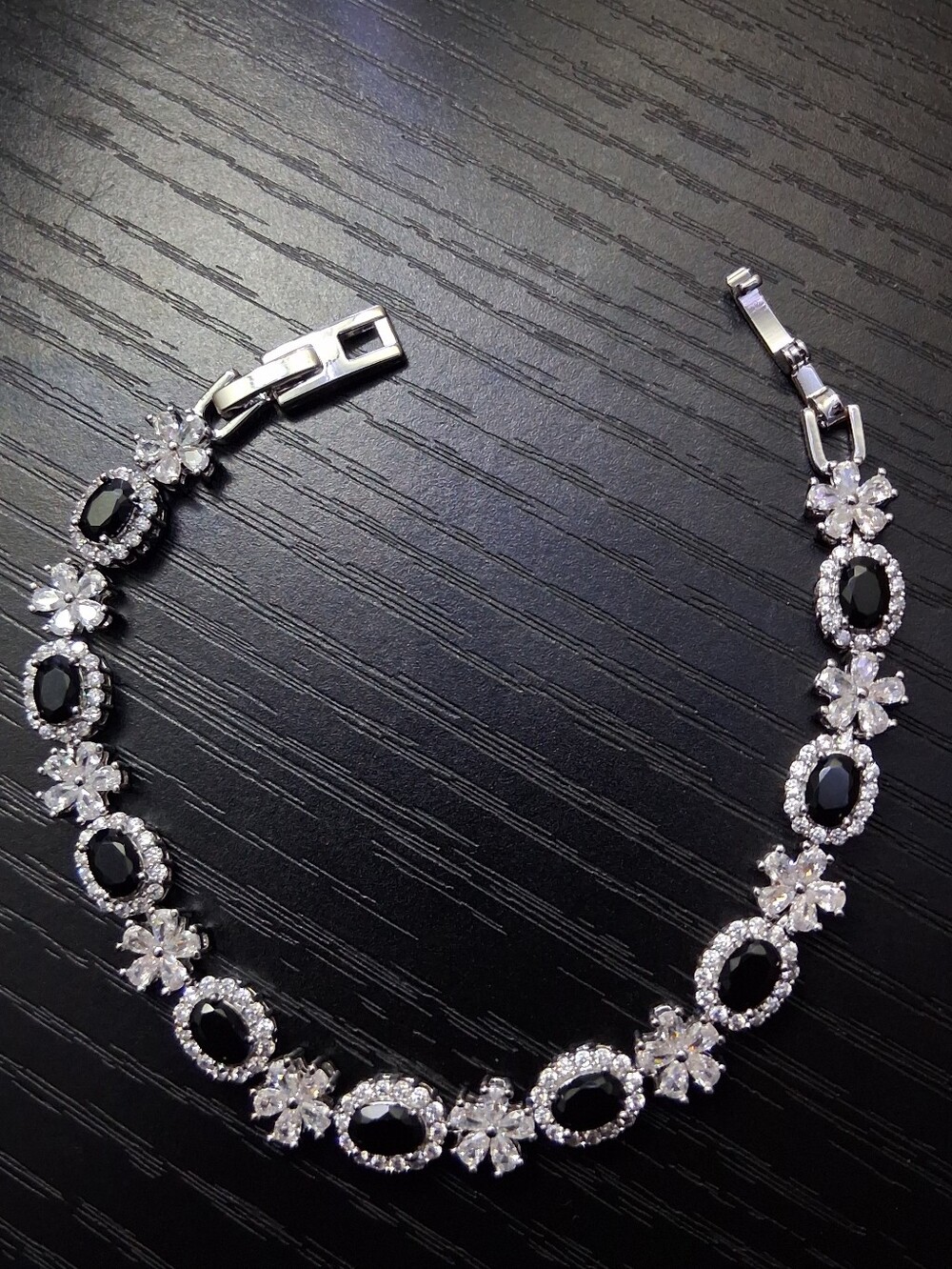 Elegant Black & Silver Oval & Flower CZ Tennis Bracelet
